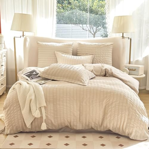 Amolavet Juego de ropa de cama Seersucker de 135 x 200 cm, a rayas beis, 2 piezas, reversible, para verano, 135 x 200 cm, de microfibra cepillada con cremallera, suave y no necesita planchado, para