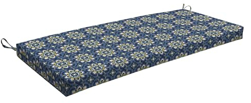 Honeycomb Outdoor Essentials Bench Cushion, 44 x 18, Medina Medallion Blue Seat Pad for Porch Swing and Patio Furniture
