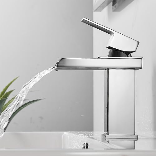 XWIHTR grifo cascada para baño, mezclador de baño de acero inoxidable y latón, ahorro de agua, grifo para lavabo, caño caliente y frío, grifo monomando para lavabo (cromo)