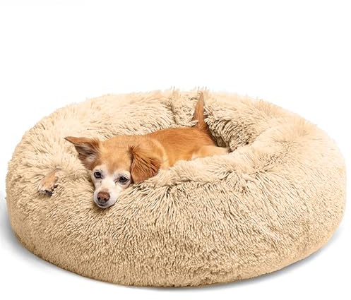 LUOJINYI Hundebett Flauschig, Hundekissen Rund Haustierbett Donut Katzenbett Waschbar mit rutschfestem Boden für große, mittelgroße & kleine Hunde, 60 cm, Kamel