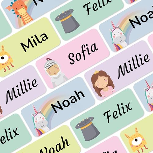 melu kids® Namensaufkleber für Kinder - Wasserfest (60 Stk, Fantasie) | Personalisierte Textiletiketten Selbstklebend für Kita & Schule, Namensschilder für Kleidung & Gegenstände