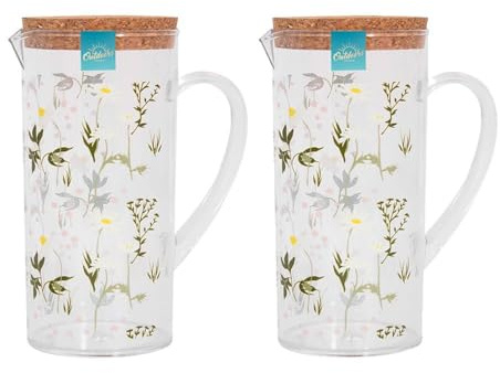 YöL Pack of 2 1.1L Drinks Pitcher Jug Daisy Print Plastic Summer Picnic Outdoor Dining BBQ Pouring Spout Cork Lid