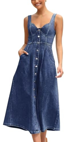 ebossy Stretchy Smocked Denim Dress for Women Sleeveless Babydoll Button Down Midi Long Jean Dresses, Blue, L