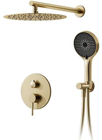 Colonne de douche,Système de douche encastré avec pomme de douche à effet pluie 40 x 40 cm,Douche cachée en or brossé,Pommeau de douche rond haute pression autonettoyant,Avec douchette à main