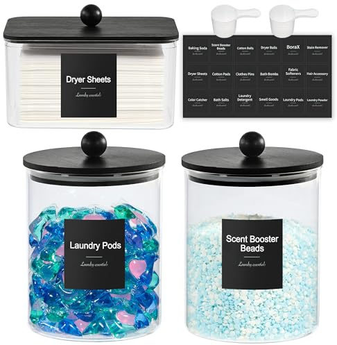 Glass Laundry Pods Container & Acrylic Dryer Sheet Holder with Balck Bamboo Knobs Lids, Scoops & Labels | Premium Laundry Room Organization and Storage for Detergent Pods, Powder, Dryer Balls & Beads