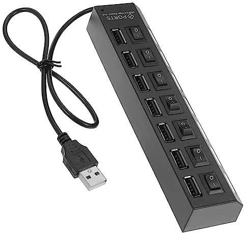 LOORGVEL Concentrador USB de 7 Puertos para Portátil, Ligero y Plug and Play Indicadores LED Azules, Adaptador Abs Adecuado para Oficina y Hogar