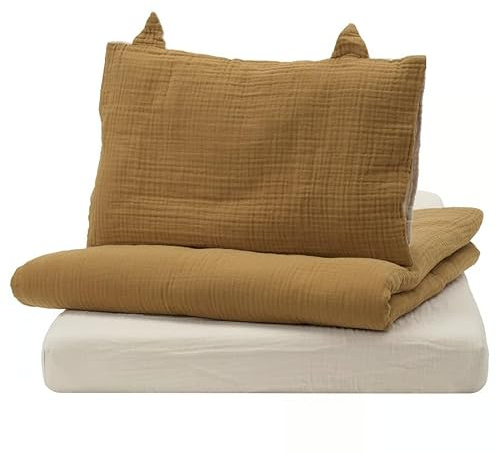 3-Piece Crib Bedlinen Set – Organic Cotton Muslin – Dark Yellow/Beige – Includes Duvet Cover, Pillowcase & Fitted Sheet – GOTS Certified – Soft, Breathable & Machine Washable – 27½ x 52