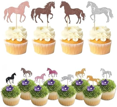 32 Stück Pferde Geburtstagsdeko Cake Toppers, Cupcake Picks mit Tiermotiv, Perfekt für Pferderennen Partys und Reitsport Events, Wiederverwendbare Party