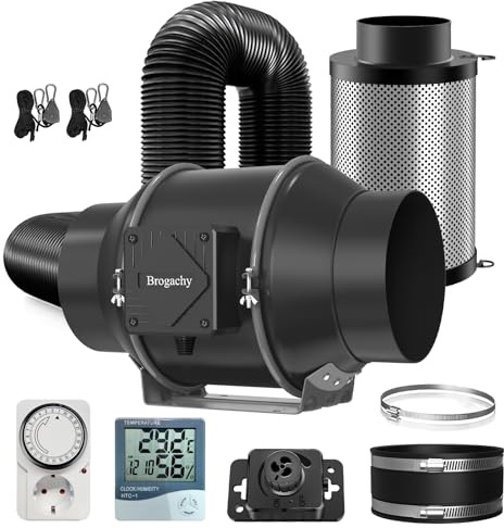Brogachy 150 mm Ventilatore in linea Kit 688 m³/h con regolatore di velocità, estrattore d'aria con timer, termo-igrometro, filtro a carbone dell'aria e tubo di scarico per coltura idroponica.