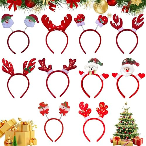 AMONENZ 10 Stück Weihnachtsstirnbänder, Weihnachts Haarreifen, Rot Weihnachts Haarreif Rentier Geweih, 10 Verschiedene Designs Haarreif Weihnachten Damen, für Weihnachten und Maskenball