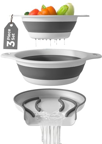 Zusammenklappbare Siebe (2 Stück), Lebensmittelsiebe mit Wasserablaufboden für Nudeln, Obst und Gemüse (4 und 5 Quart), Weißgrau