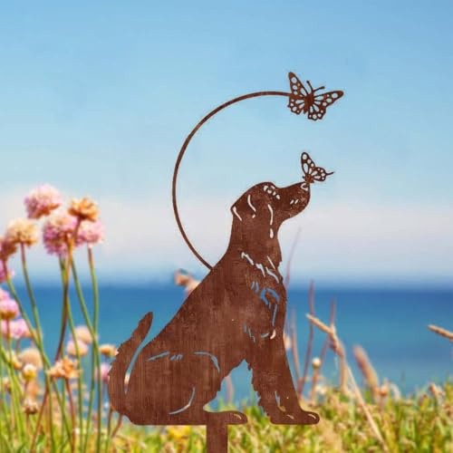 JACKANNA Gartendeko Rost Metall Rostiges Laufendes Eichhörnchen Einschrauben Holz Rostige SilhouetteDekoration Rost Deko Garten Kunst Gartenstecker Tierskulptur Baumpfahl (Hund)