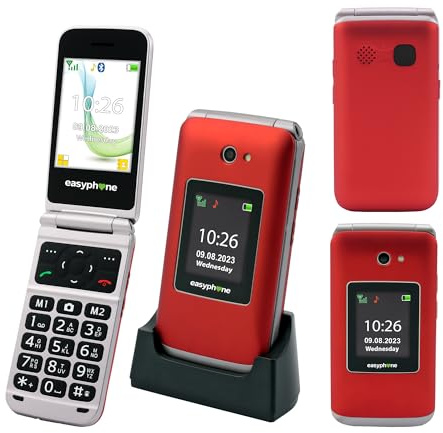 Easyphone 4G Flip Phone for Seniors – Easy to Use, Loud, Big Buttons, SOS, Long Battery Life, Large Colour 2.8 Display, Charging Dock, Unlocked Mobile, 12 Months UK Support - Red