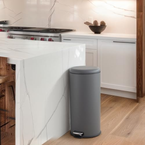 Panana 30L Large Round Kitchen Bin, Tall Slim Stainless Steel Cylindrical Pedal Bin,Retro Style Bins for Kitchen (Grey)