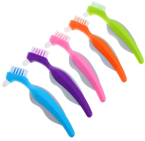 LRXIYODE Lot de 5 brosses dentier double tête miniatures, brosse dent prothèse dentaire douce, nettoyage efficace des fausses dents pour personnes âgées, portable et compacte