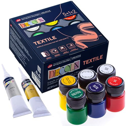 Decola Acryl-Textilfarbe Set, 5x20ml plus Liner und Verdünner waschfest | Textilfarben-Set 5x20 ml mit Konturen und Verdünner, waschbar, Kleidung und Taschen gestalten, DIY-Mode