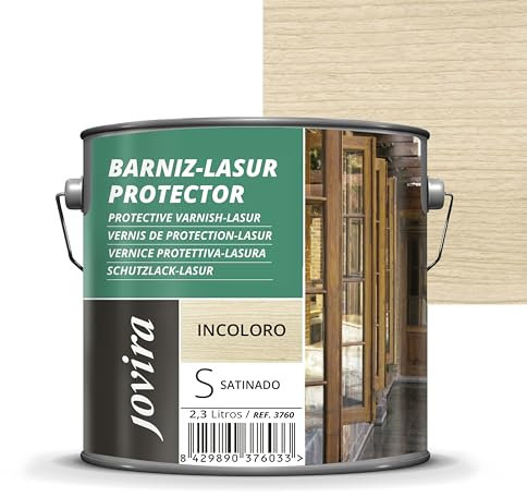 JOVIRA PINTURAS. BARNIZ LASUR PROTECTOR SATINADO (7 colores) Protege, decora y embellece todo tipo de madera (2,3 Litros, Incoloro) D-1