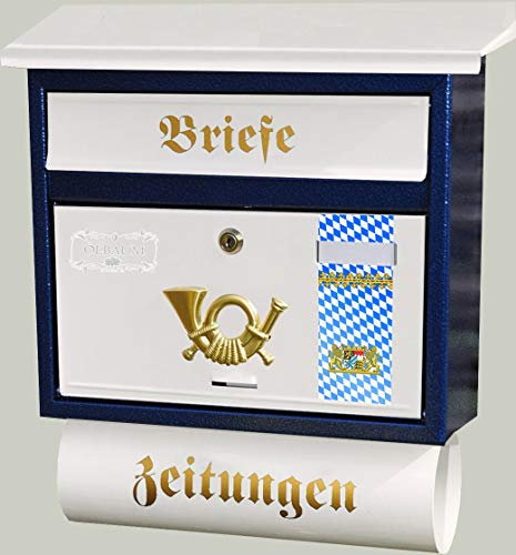 Stylischer Design Briefkasten, Motiv mit Zeitungsrolle, wetterfest lackiert, Flachdach mit Katalogeinwurf,