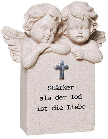 Figuren Engelpaar mit Trauerstein, Stärker als der Tod ist die Liebe. 14 cm x 16 cm.