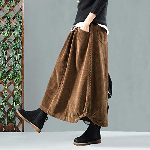 Chyuan Kilt Ecossais Jupe Automne Hiver Jupe en Velours Côtelé Femmes Vintage Jupes Longues Femme Taille Élastique A-Ligne Jupe Plissée Grande Taille Taille Unique Marron