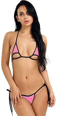 Women 2 Pieces Mini Bikini Set Sexy Cut Out Swimwear Halter Micro Lingerie Tie String Swimsuit, 04-Pink, One Size