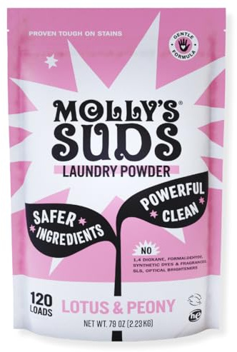 Molly's Suds Original Lessive en poudre – Poudre de lavage naturelle, détergent biologique non liquide, détergent à lessive pour peaux sensibles – 120 brassées, lotus et pivoine