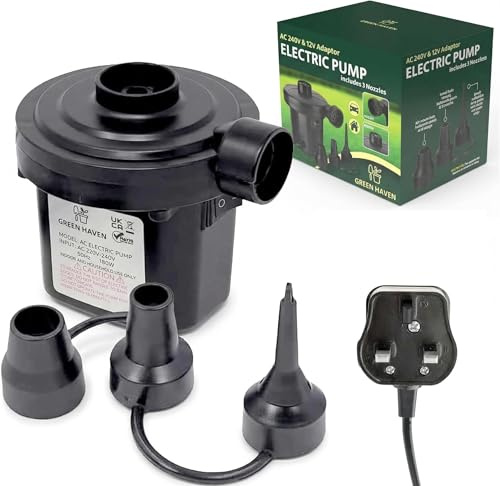 GREEN HAVEN Electric Air Pump for Inflatables – Fast Inflate & Deflate with 3 Nozzles | AC Pump for Air Beds, Camping, Paddling Pools | 240V 150W