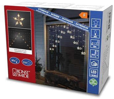 Konstsmide LED Lichtervorhang, 12 klare Sterne, 85 warm weiße Dioden, 4,5V, Außen (IP44), transparentes Kabel - 4047-103