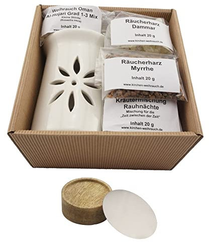 Geschenkset Rauhnächte mit Räucherstövchen Sternenblume 7-TLG. – Weihrauch Oman Al Hojari, Myrrhe, Dammar, Kräutermischung Rauhnächte – mit Zubehör und Anleitung - im Geschenkkarton
