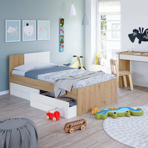 Dmora - Kinderbett Anaheim, Einzelbett mit Stauraum und Kopfteil, Bettrahmen mit 2 Schubladen, 196 x 97 x 77 cm, geknotete Eiche und Weiß