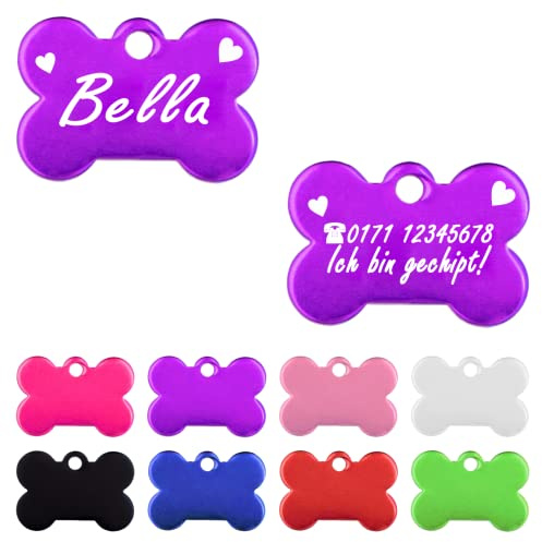 Iberiagifts - Hundemarke Knochen mit Gravur und Herzen für sehr kleine Welpen - Hunde - Katzen Haustier Plakette Anhänger Halsband Medaillon graviert personalisiert (Lila)