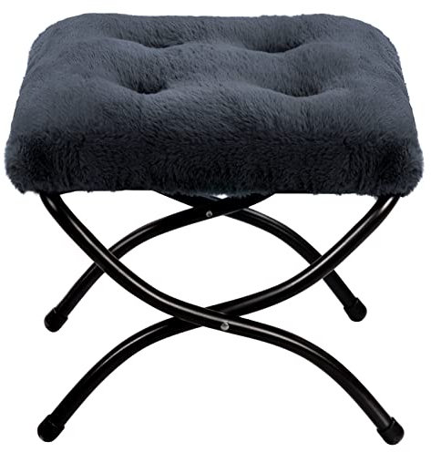 HollyHOME Fußhocker Klappbar Fußablage Fußstütze Faltbar Sitzhocker mit Metallbeinen Fusshocker mit Abnehmbar Gepolsterte Sitzfläche, Plüsch Dunkelgrau