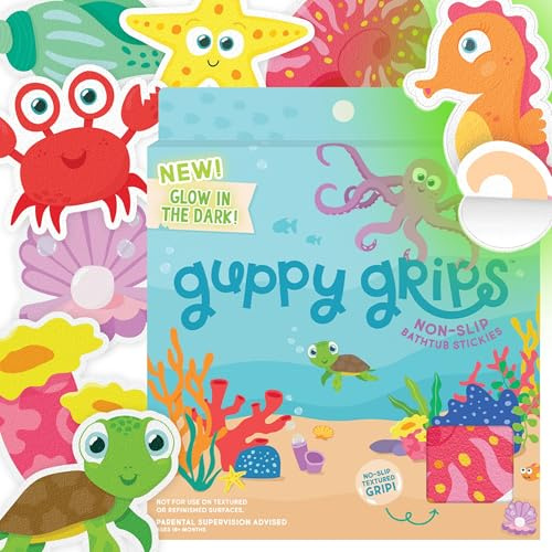 Glo Pals Glow-in-The-Dark Grips Bathtub Stickers for Kids – 8 Extra Large Non-Slip Bath Stickers & Fun Anti-Slip Tub Decals – Textured Bath Grips for Kids Bathroom Safety - Guppy