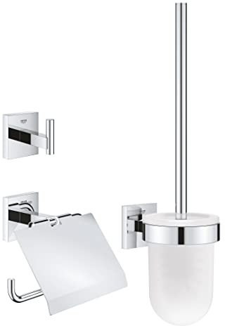 GROHE Start Cube, Toilettenset 3in1 ohne Bohren (Toilettenbürste mit Halterung, Toilettenpapierhalter, Handtuchhalter, Kleben oder Bohren, inkl. Schrauben & Dübel, ohne Kleber), chrom, 41123000