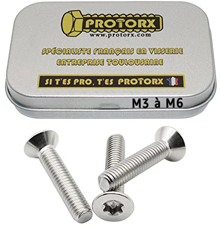 Vis Torx Tête Fraisée M6 x 30mm : Boîte 10 Pcs pour Rondelles Métal Écrou | Inox Acier A2 Anti-Rouille | DIN 965 | Boîte Rangement PROTORX