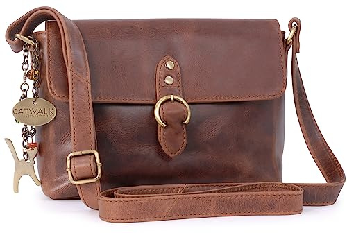 Catwalk Collection Handbags - Borsa a Tracolla Piccola in Vera Pelle - Borsa Messenger Donna - Borsetta con Tracolla Regolabile - Freya - Marrone