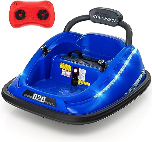 Bumper Car for Toddlers, 12V Kids Electric Ride on Toy with Remote Control, Battery Powered Vehicle Racer for Baby, 360 Degree Spin Rotation, Colorful Flashing LED Lights, Music (Blue)