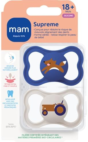 MAM Supreme 2-pack silikonnappar, nappset med napplåda, minskar risken för felaktig placering av tänderna, låter barnets hud andas, 18+ månader, slumpmässig färg