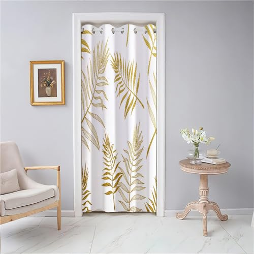Odot Cortinas Opacas con Ojales 1 Pieza, Moderno Cortinas de Puerta Térmicas Aislantes con Patrón de Hojas Doradas, Cortina de Privacidad para Salón Dormotorio Puerta (Blanco 1,130x200cm)