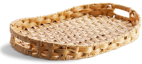 NiHome Serviertablett aus Rattan mit Griffen, Handgeflochtenes Dekotablettim Boho Stil, Korb Geflochten für Brot, Aufbewahrung & Dekoration, Langlebiger Metallrahmen (Rechteckig)