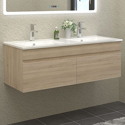 HAPAOSO Meuble de Salle de Bain Double Vasque 120 cm + Casier Couleur chêne（Double Porte Ouverte）