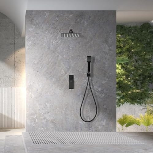 IMEX Einbau-Dusche, Schwarz, Einhebelmischer, Einbauarmatur-Set mit Duschkopf und Antikalk-Sprühkopf, Regeneffekt, Einbau-Duschsäule aus Messing und Edelstahl S.304, Serie Fidschi