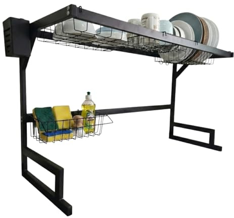 MAKA Scolapiatti da Appoggio Nero, 65 o 85 cm, Portabicchieri, Porta Tagliere, Organizer Cucina, Scolapiatti da Lavello in Metallo, Scolapiatti da Appoggio Sopra Lavello (1 Ripiano - 65 cm)
