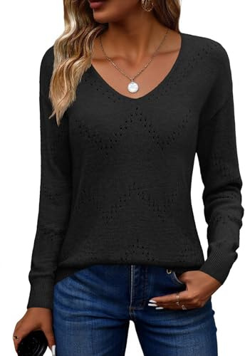 Zeagoo Stickad tröja för kvinnor, elegant tröja, V-ringad höst, virkad tröja, långärmad mode, randig tröja, enfärgad, lediga toppar, S–XXL, svart, M