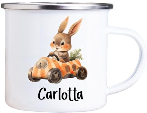 4youDesign Emaille Tasse Kinder personalisiert – Tierauto Hase – Tier Namenstasse – Geschenk für Jungen & Mädchen – Bruchsicher & Leicht – Geschenkidee zur Einschulung & Geburtstag - 300ml