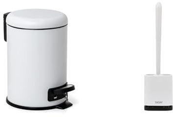 Tatay Papelera y Escobilla Baño | Papelera Baño con Tapa + Escobilla WC Flex de TPE | Diseño Moderno y Tapa de Caída Amortiguada | Material Resistente y Fácil de Limpiar – Blanco