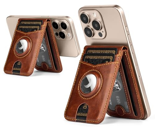 SkyEagle RFID Blocking MagSafe Wallet Stand with AirTag Card Holder,5 Card Slots & ID Window,PU Leather Magnetic Phone Kickstand for iPhone 12/13/14/15/16/17 Pro Max & Air Plus Series,Brown