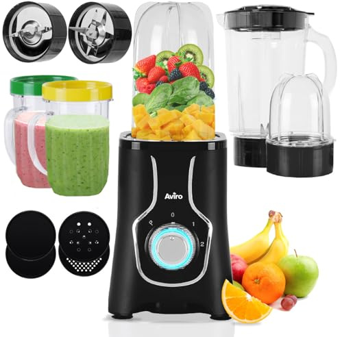 Brixy Leistungsstarker 3-in-1 Standmixer und Smoothie Maker, 400W, mit 1000ml Kanne, 4 To-Go-Bechern und 2 Messern, Schwarz