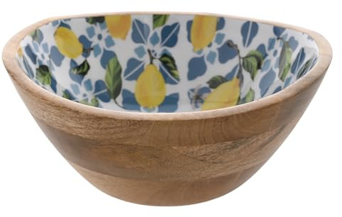 Widdop och Co Country Living - mango träskål med citronmönstrad interiör - livsmedelssäker middagsskål - kök & matsal/present & hemartiklar - H: 8 cm x B: 15 cm. (citroner)