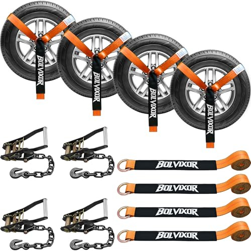 Bolvixor 4 Pack Car Tie Down Straps for Trailers - 2 x 96 - 9900LBS Break Strength - Tire Ratchet Straps with Heavy Duty Chain Anchors